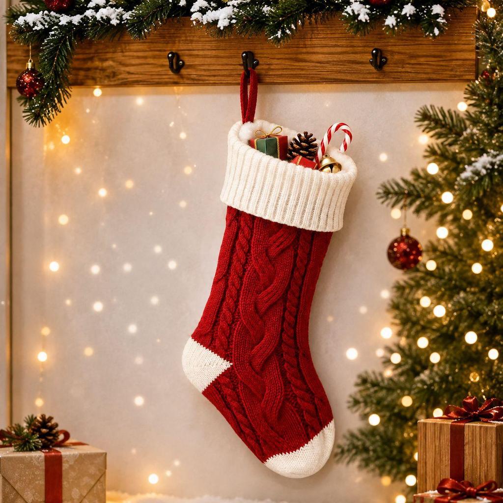 Large Twisted Cable Knit Christmas Stocking Gift Bag Decoration