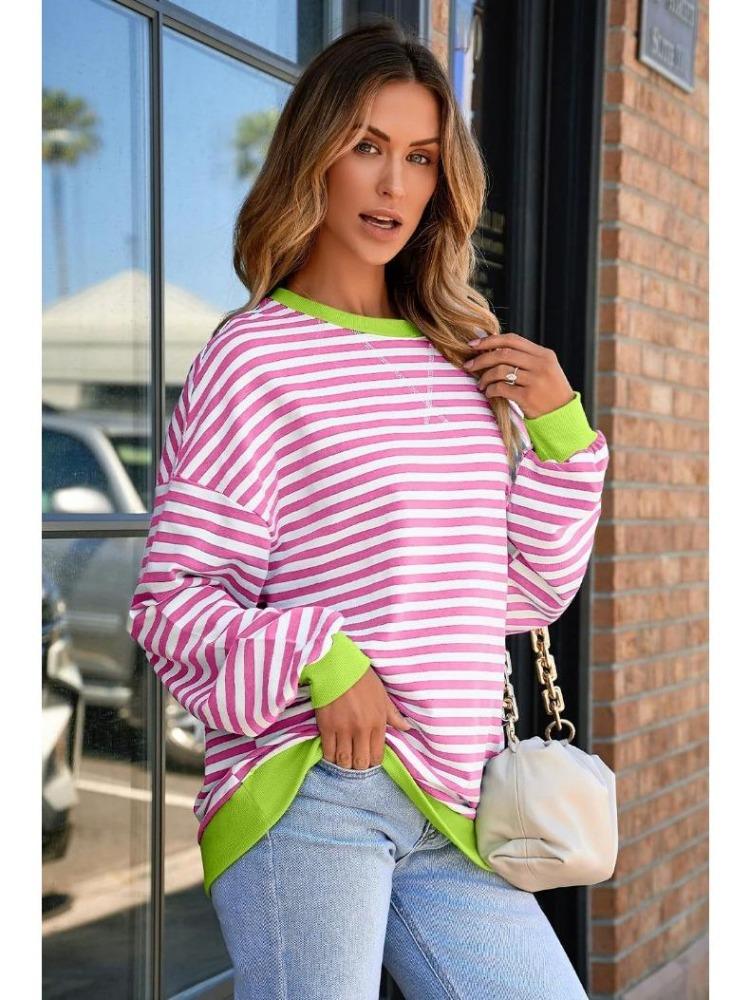 Dámská ležérní nadměrná pruhovaná mikina volného střihu pulovr top s dlouhým rukávem kulatým výstřihem pohodlný svetr tričko