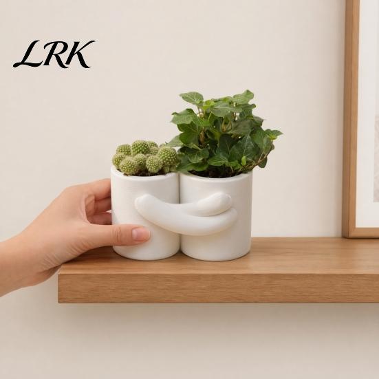 Vaso per Atmosfera Curativa Design Abbraccio Fioriera, Texture Bianca Opaca Stampata 3D Doppia Vasca Minimalista Fioriera per Piante, Stile Nordico Piccolo Verde