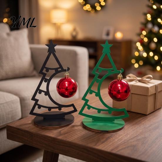 Small Holiday Decor for Office Christmas Tree Table Decoration, Metal Line Art Sculpture with Hollow Ornaments Red Ball Ornament Xmas Party