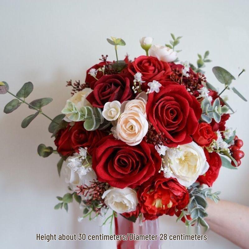 

Red Rose Wedding Bouquet - New Forest Style Simulated Flowers for Bridal Photos and Ceremonies