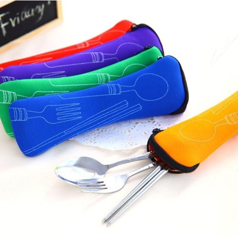 Travel Outdoor 3PC Stainless Steel Fork Spoon Chopsticks Cutlery Set Portable Camping Bag Picnic