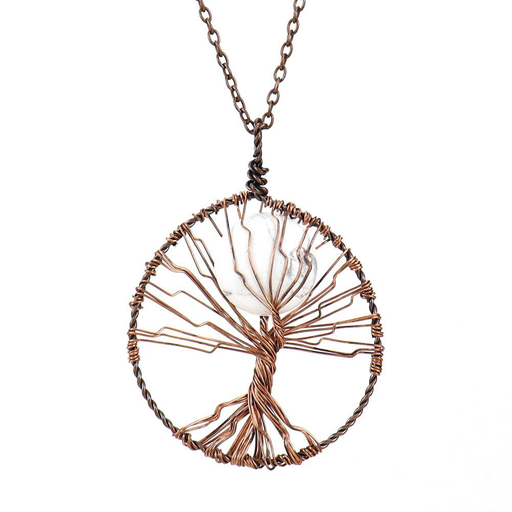 

Hand-Wound Natural Crystal Agate Disc Tree Of Life Pendant Necklace N115