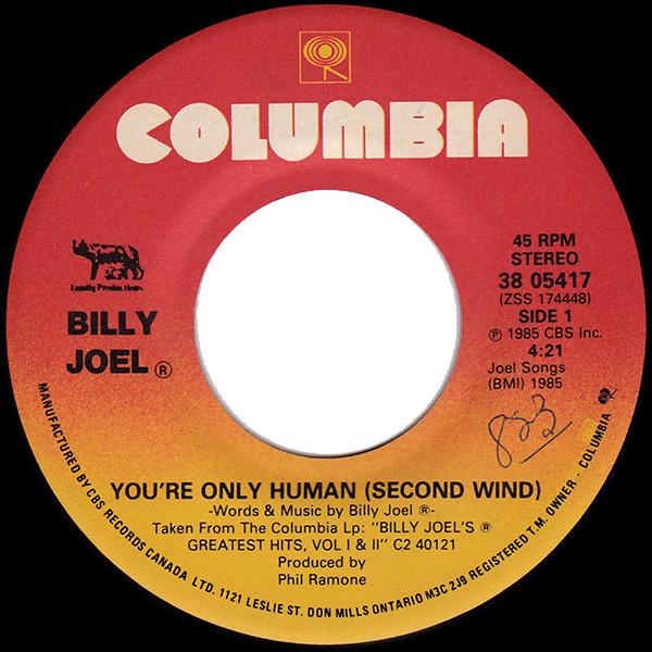 

7-дюймовая пластинка БИЛЛИ ДЖОЭЛ - You re Only Human (Второе дыхание) 3805417 Columbia 1985 Канада Рок Б/У