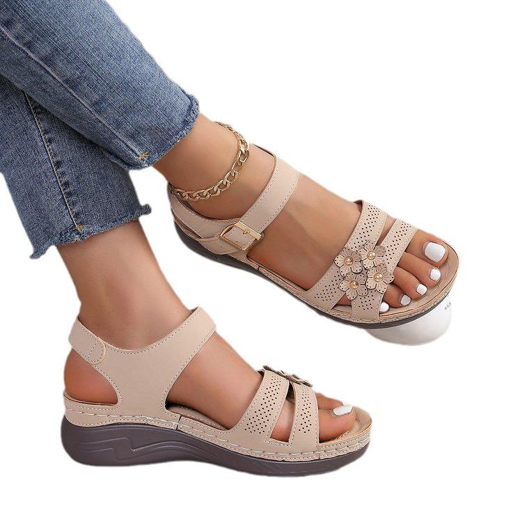 2024 Summer Plus Size Women's Wedge Sandals with Hollow Flower Design and Thick Sole.