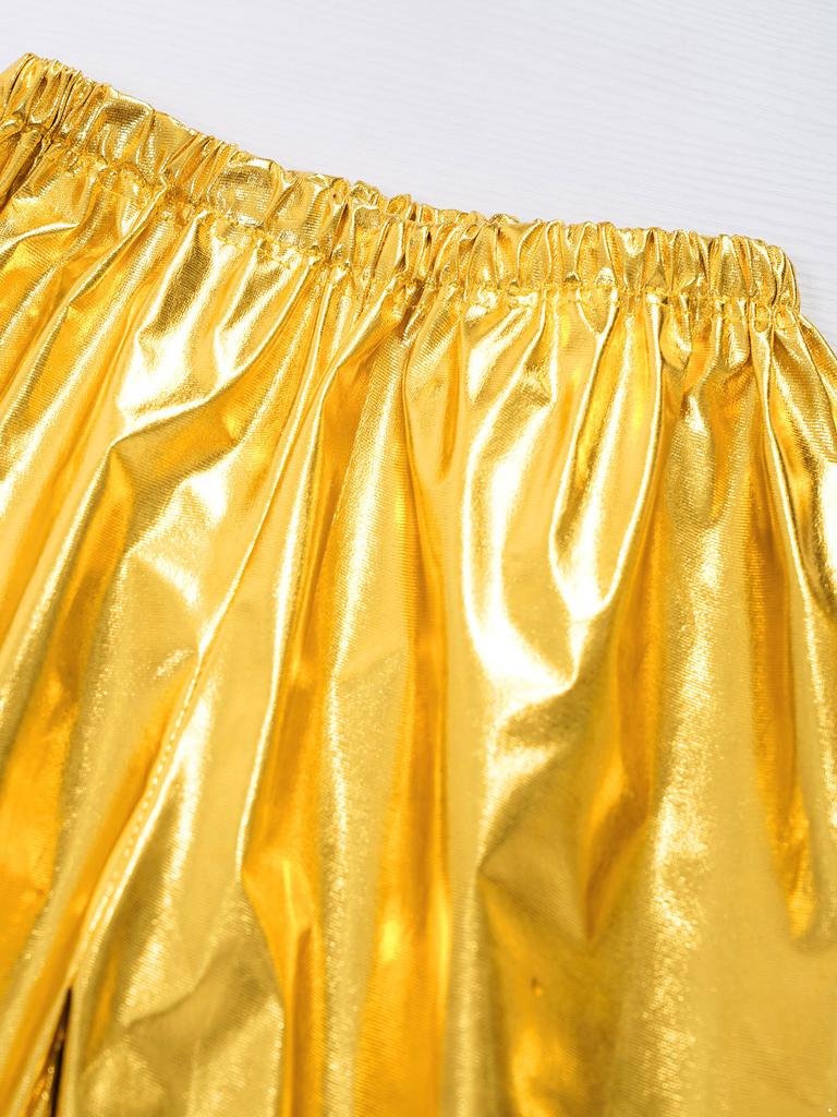 Kids Girls Dance Performance Outfit 2-Piece Set: Metallic Shiny Long Sleeve T-shirt & Matching Shiny Pants for Stage & Party