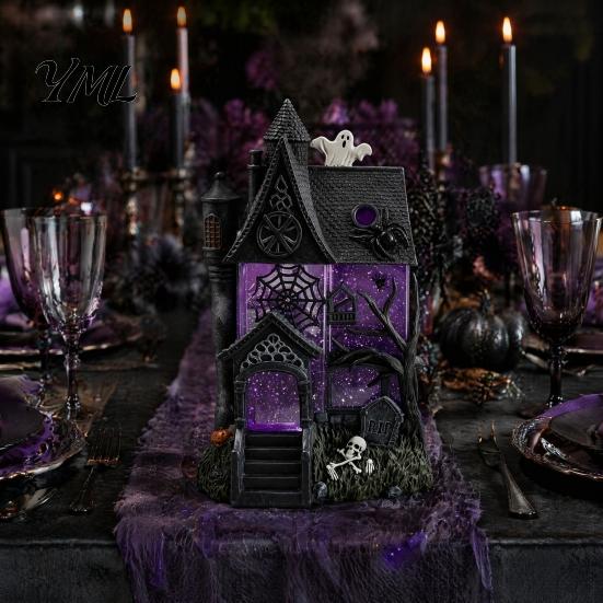 Indoor Haunted Home Accessory Gothic Resin Glitter Village Decoration, Halloween House Figurine with Purple Desktop Ornament Pumpkins Skulls Windows,