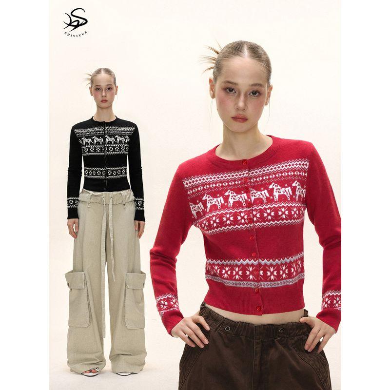 Shiyiyue Fair Isle Knit Cardigan for Women, Autumn and Winter American Style Slim Fit Short Top, Color-Block Casual Outerwear Sweater