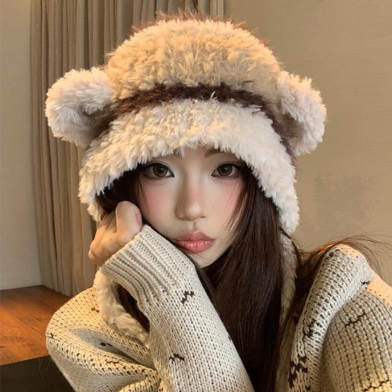 Cute plush Lei Feng hat women's season new thickened warm face small hat ear protection hat knitted hat