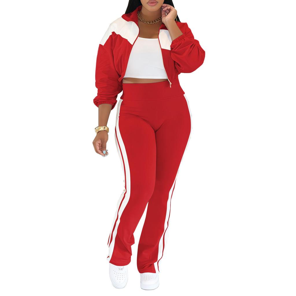 Women's Sports Casual Patchwork Set: Long Sleeve Zipper Jacket & Two-Piece Outfit