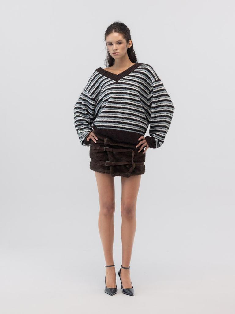 GLOWNY Mellow V-Neck Stripe Knit (Brown Stripe)
