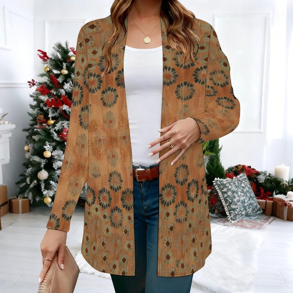 Women's Deep Teal Ornament 3D Print Long Sleeve Open Front Cardigan, Casual Loose Fit Lightweight Street Style Outerwear