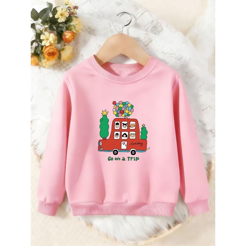 Unisex Kids Crewneck Sweatshirt, Cartoon Red Bus Balloon Go On A Trip Print Pullover, Boys Girls Travel Casual Sweatshirt For Kids Over 4 Years Old