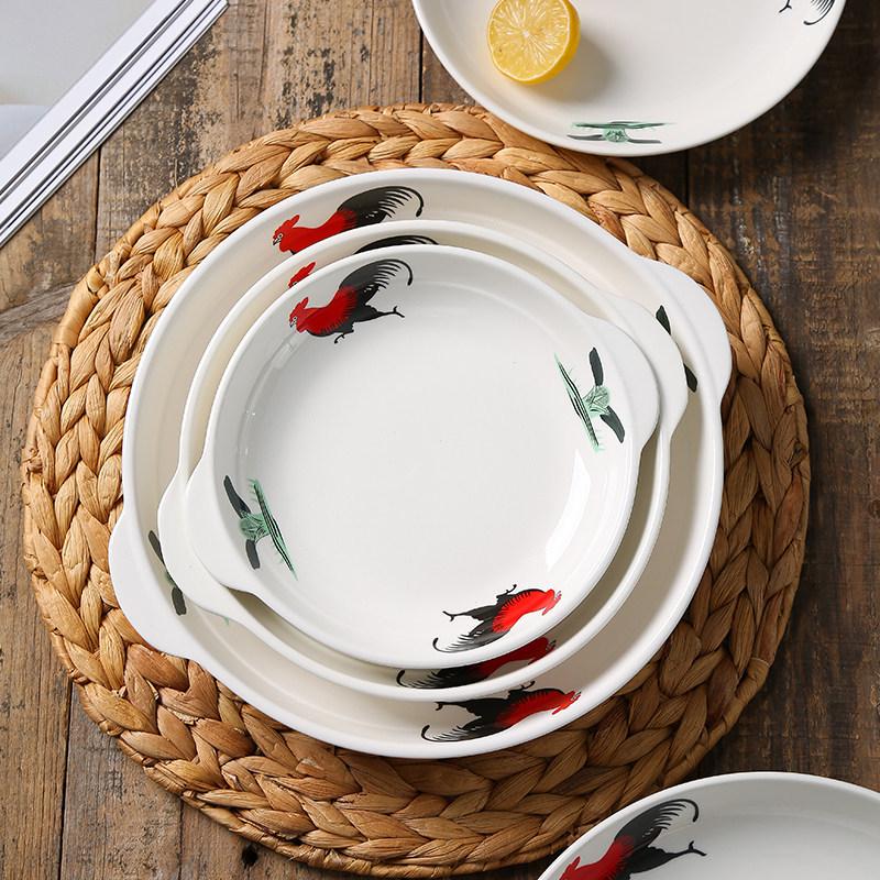 Retro Classic Rooster Ceramic Fruit Bowl & Deep Soup Plate Set