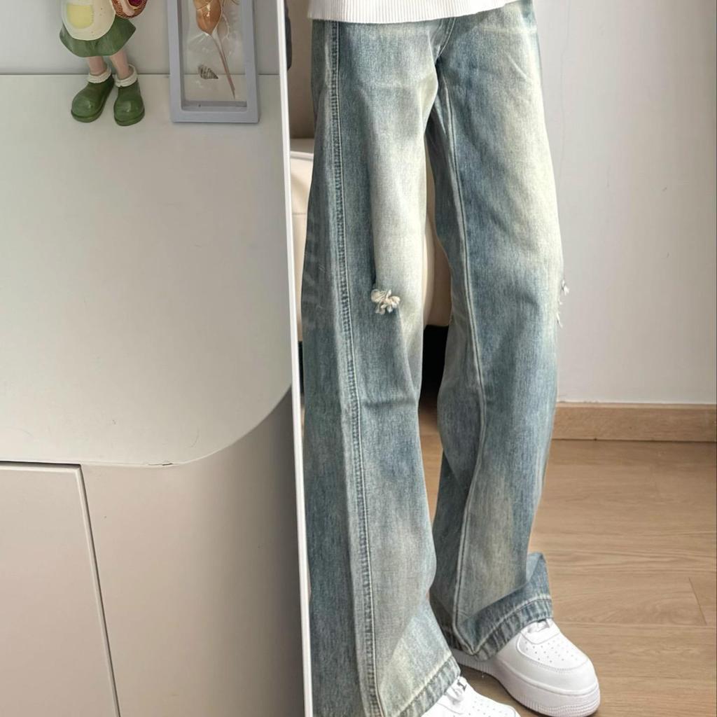 American Retro Old Ripped Versatile Street Jeans Men's Casual Vintage Wind Loose Straight Long Pants