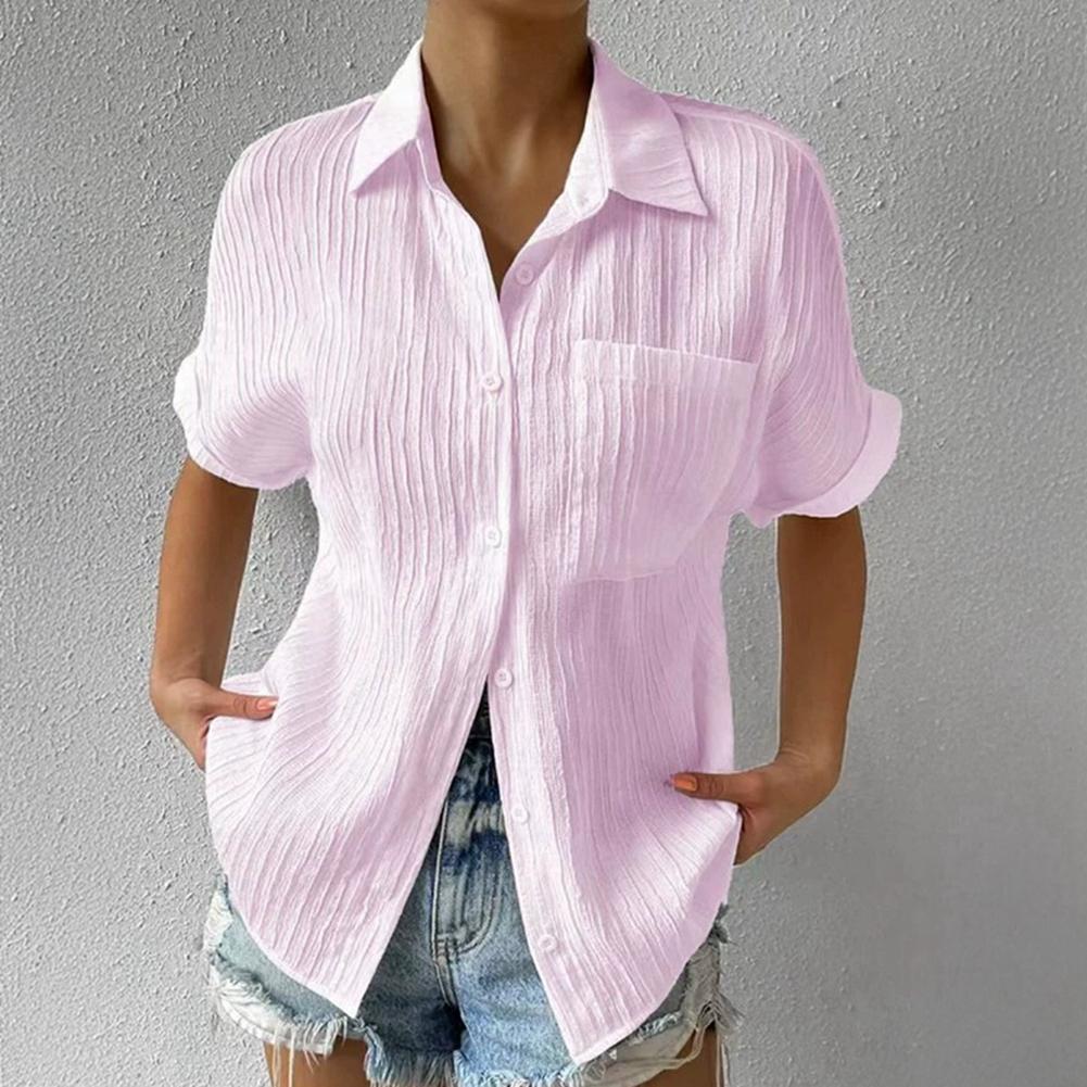 Women's Solid Color Lapel Short Sleeve Shirt Casual Button Cardigan Top