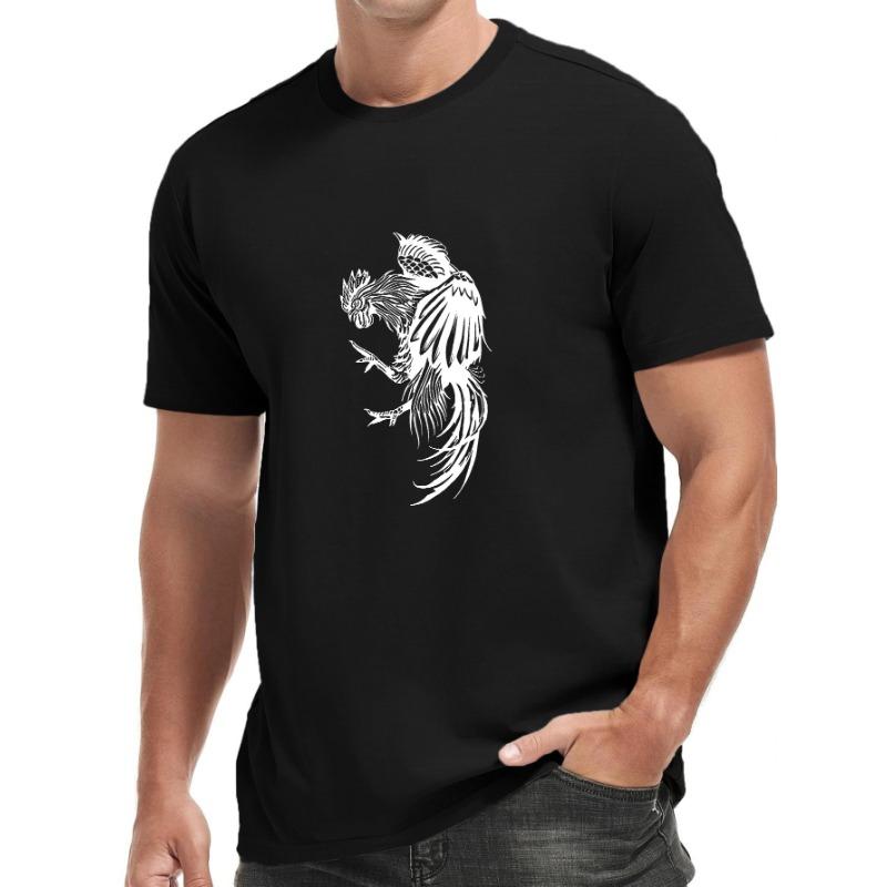 European Size 1pc Men'S Casual Sports T-Shirt with Geometric Rooster Print, Cotton Knit Fabric, Slight Stretch, Crew Neck, Regular Fit for Beach