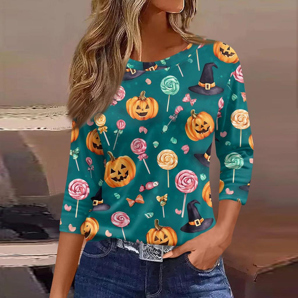 Womens Casual Loose Fit Halloween Print T Shirt Round Neck Three Quarter Sleeve Blouse Comfortable Everyday Wear