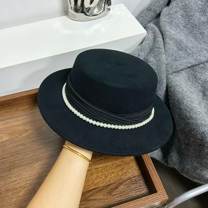 Autumn and Winter New Australian Wool High-quality Hat Pearlescent Yarn Pleated Top Hat French Retro Flat Top Hat