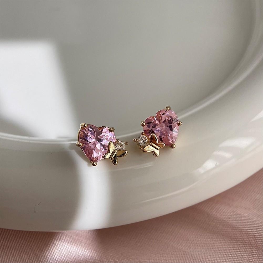 Pink Zircon Heart Bow Earrings for Women with Silver for Everyday Wear