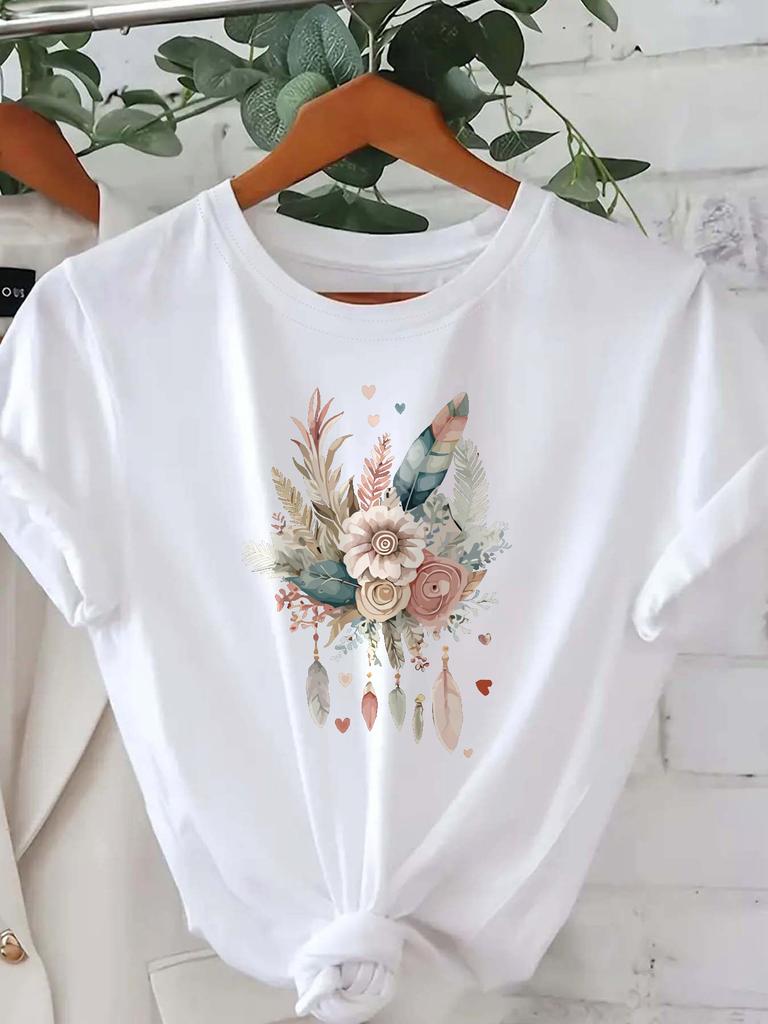 Floral Print Round Neck Top with Botanical Desig Print Tshirt Womens Harajuku Short Sleeve Casual Womens Tshirt Clothing