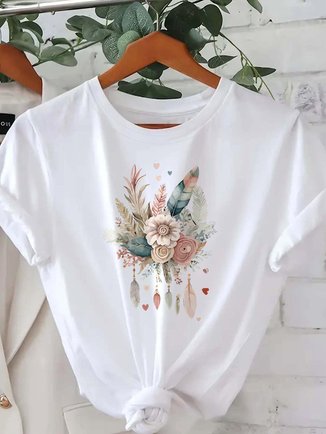Floral Print Round Neck Top with Botanical Desig  Print Tshirt Womens Harajuku Short Sleeve Casual Womens Tshirt Clothing S