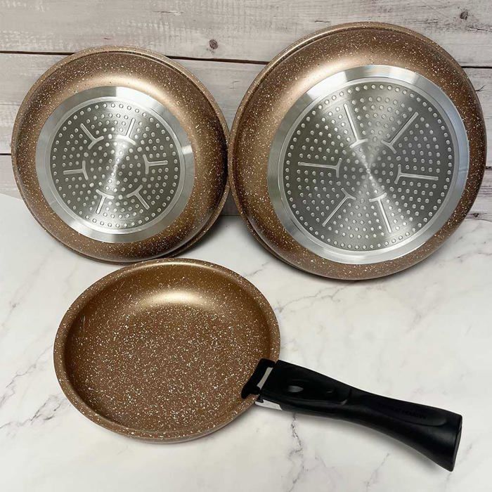 Sett med 3 Arthur Martin stekepanner i aluminium med avtakbart håndtak - 20, 24, 28 cm - Alle varmekilder inkludert induksjon - Non-stick belegg