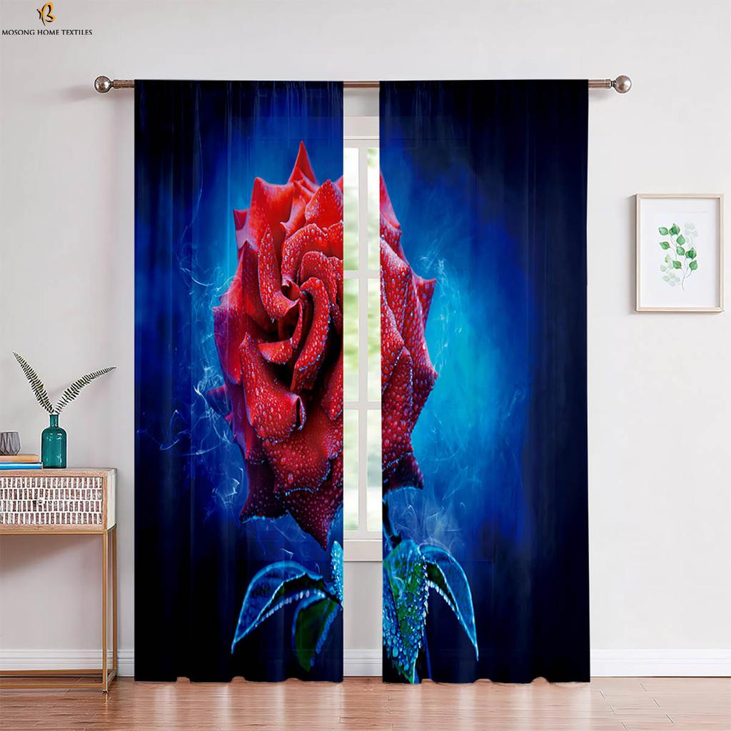 Red Vintage Rose Flower 3d Printed Curtain Bedroom Living Room Study Window Decoration Curtain Home Decoration 2 Pieces