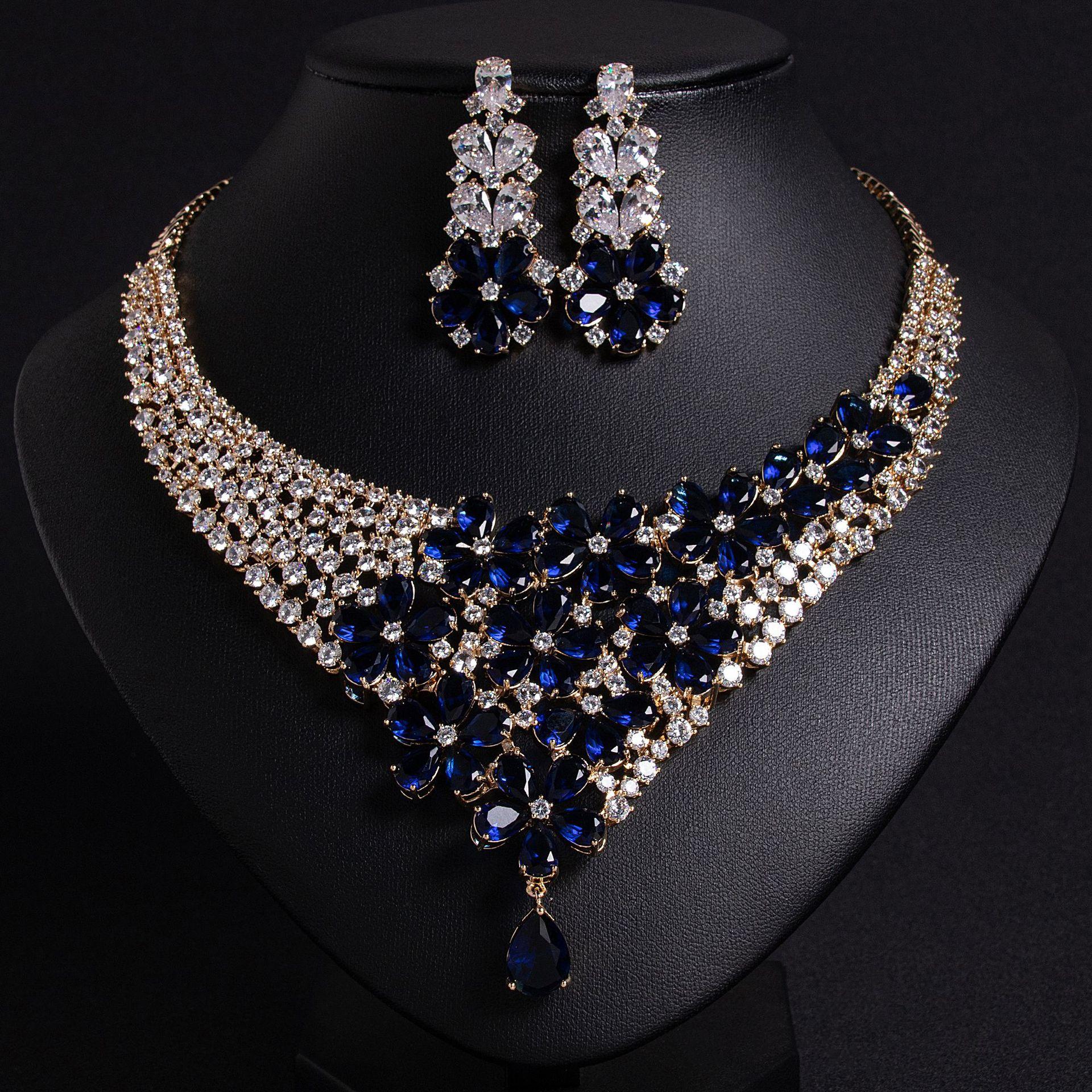 

Gorgeous Atmosphere Colourful Flower Necklace Earrings Fine Glitter Jewellery 2 Pcs Set Nigerian Women Wedding Party Dress M-589 resizable синій