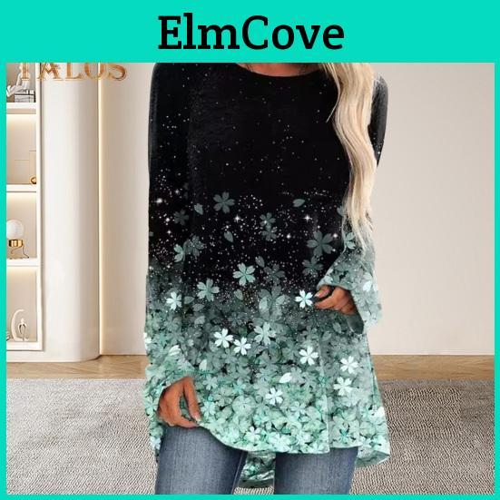 Tops Round Long Neck Women Sleeve Flower Printed Loose Fit Tee Shirt Stretchy Pullover Tops Daily Wear