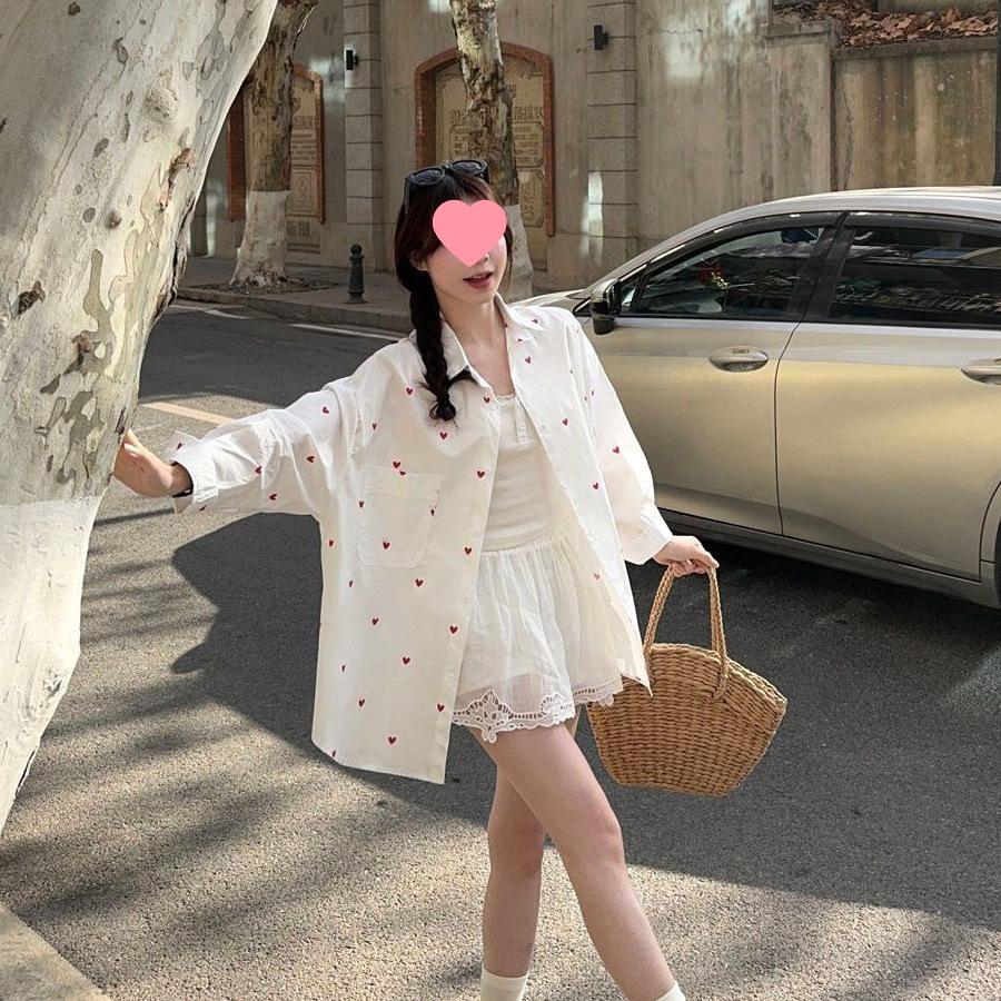 2026 Elegant White Love Print Long Sleeve Casual Spring and Summer Top