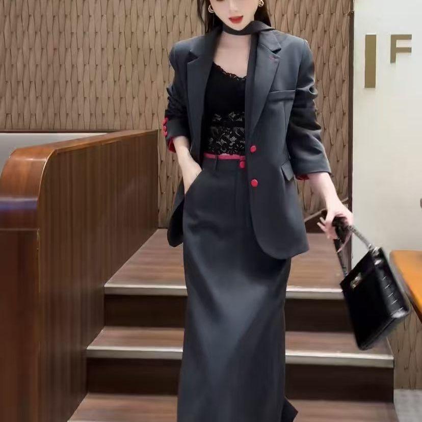 

Темпераментный женский костюм Осень 2025: Комплект юбки миди с высокой талией и жакета Medium (100-115 cm)