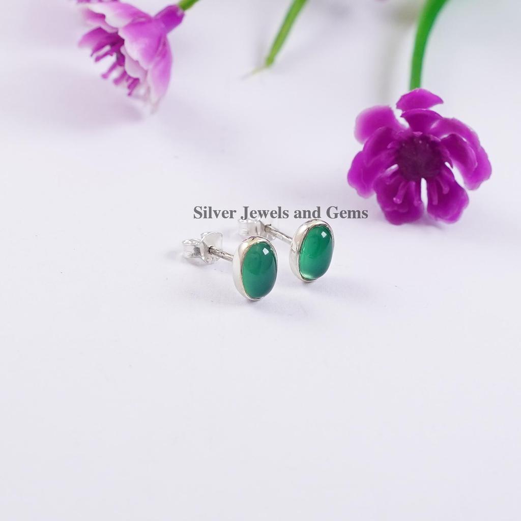 Natural Green Onyx Stud Earrings, 925 Sterling Silver Studs, Oval Onyx Studs, Gift for Mom, December Birthstone, Handmade Tiny Studs