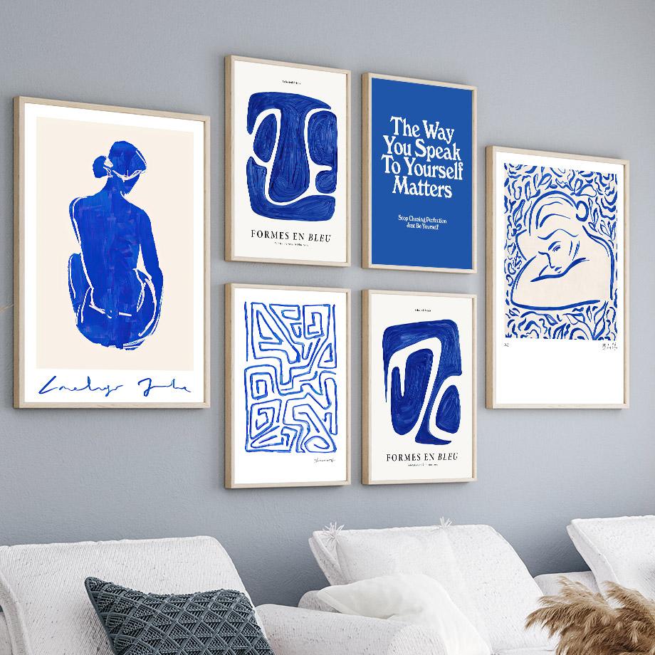 Wall Art Print Canvas Pictures Blue Girl Body Pigeons Line Minimalist Abstract Living Room Home Decoration Painting Poster Salon