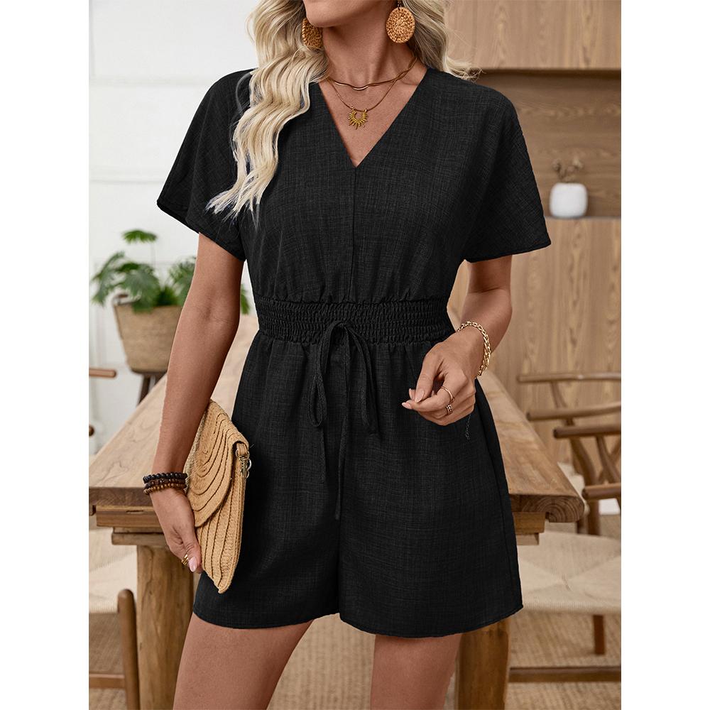 Women's V Neck Short Sleeve Faux Denim Romper Cinched Waist Jumpsuits Casual One Piece Outfits