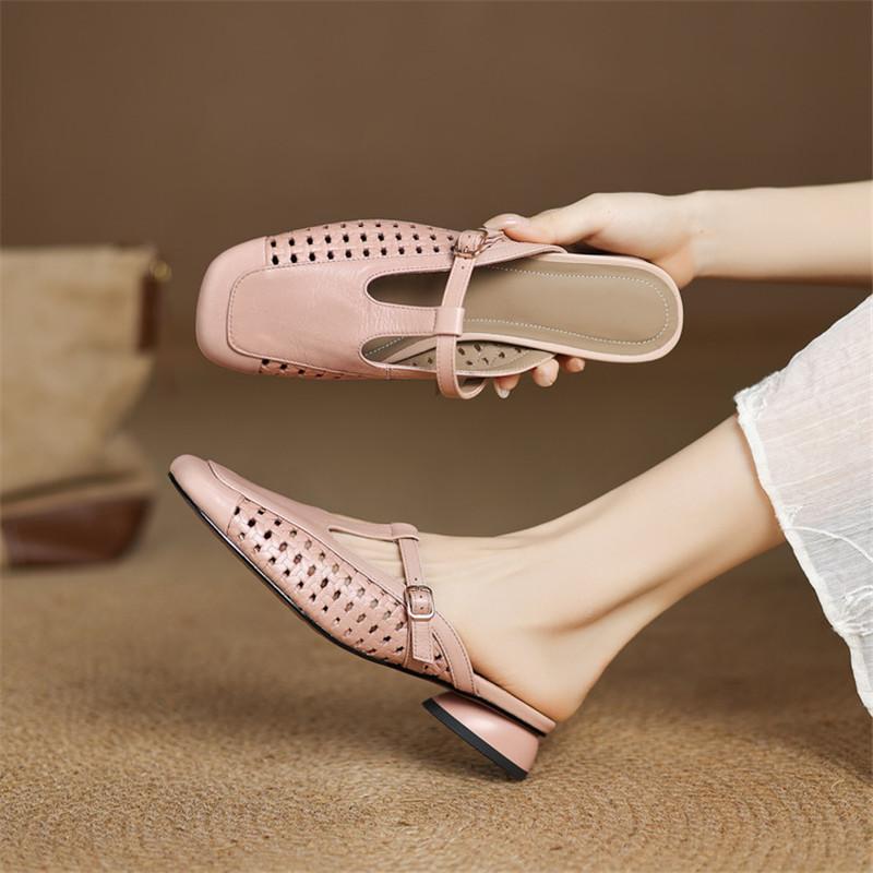 Fashion New Summer Slippers Genuine Leather Slippers for Women Fashion Hollow Out Mules Square Toe Low Heels Cover Toe Slippers Sandals