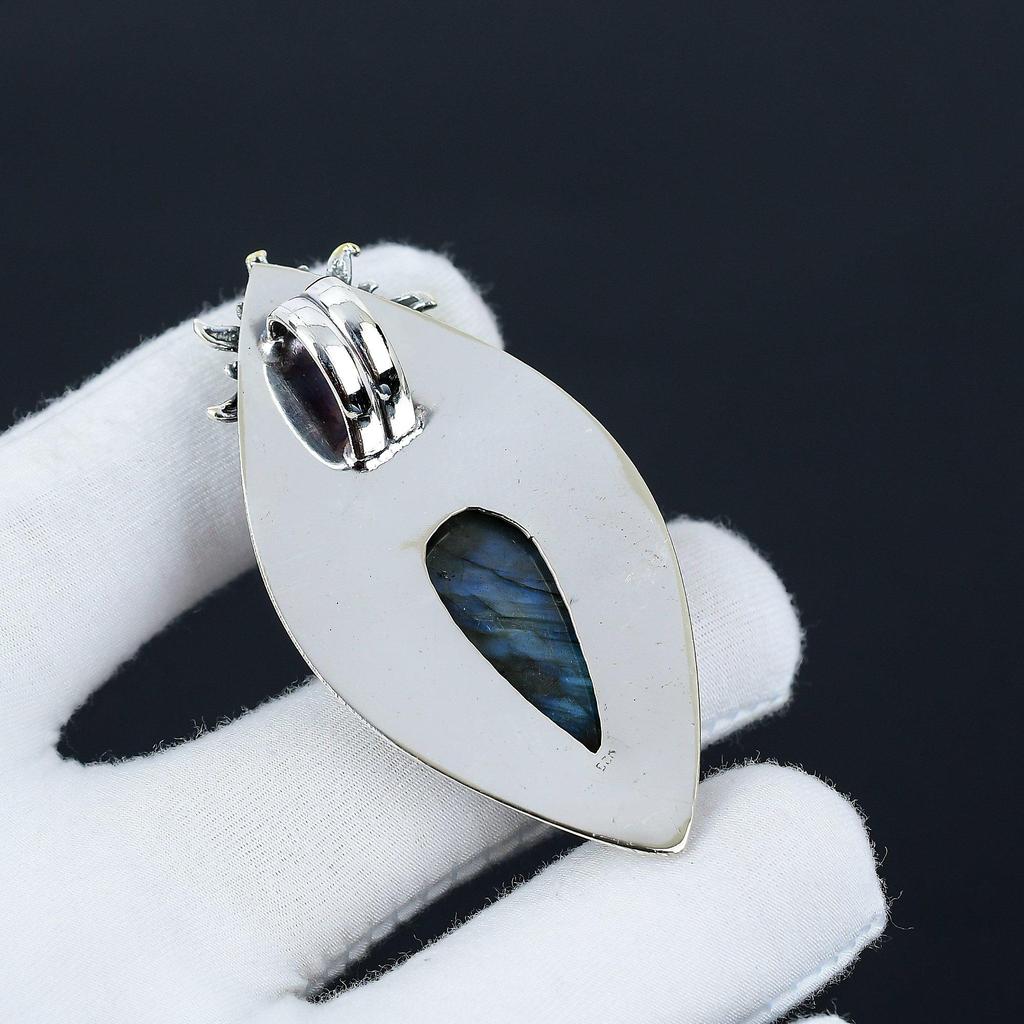 Blauer auffälliger Labradorit, Weißer Topas Edelstein Anhänger, Labradorit Natürlicher Edelstein Handarbeit 925 Sterling Silber Anhänger für Frauen Anhänger für Geschenke