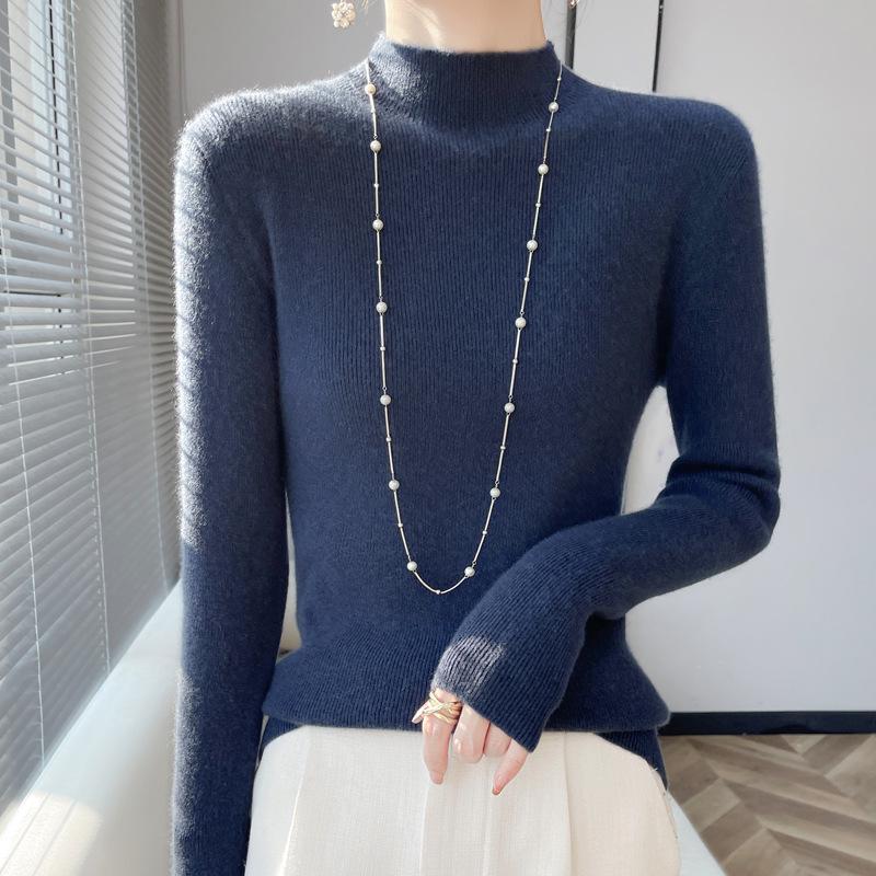 Jersey de Punto de Manga Larga Ajustado para Mujer con Cuello Alto - Color Sólido, Alta Elasticidad, Capa Base Otoño/Invierno.