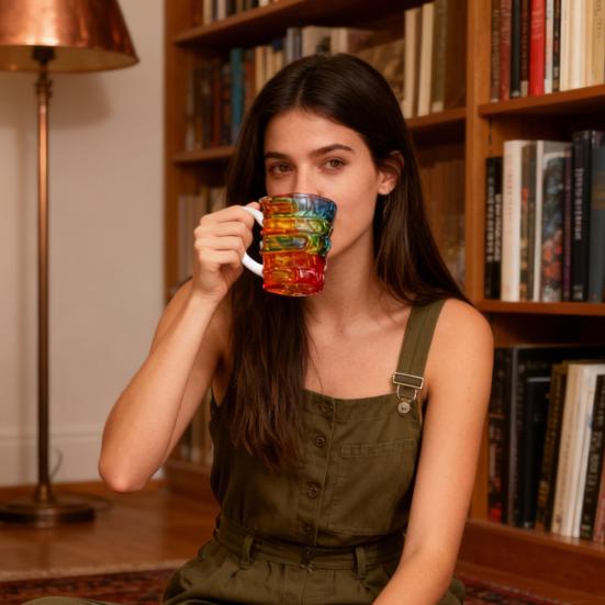 Hand-Painted Book Mug 3D Glass Design Novelty Stacked Book Coffee Cup Literary Gift for Teachers & Book Lovers