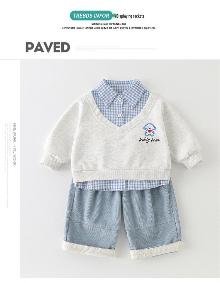 2026 New Boys' and Girls' Plaid Patchwork Two-Piece Hoodie Set for Spring and Autumn