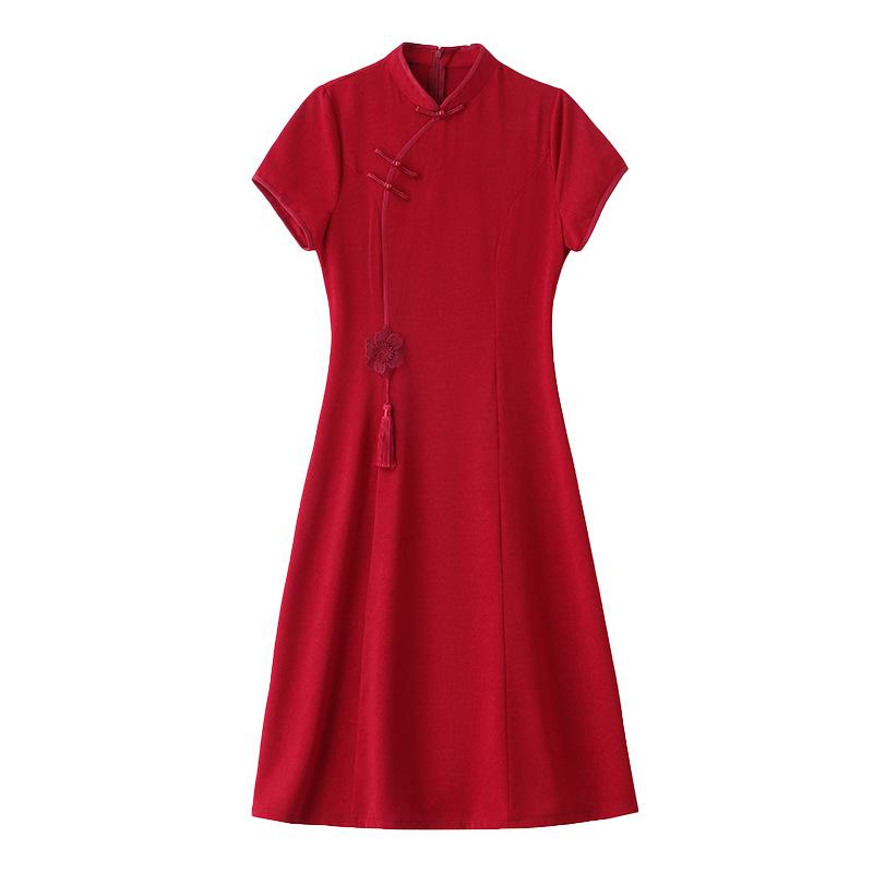 2025 Summer Women's Chinese Style Dress with Stand-up Collar and Tassel Appliqué - Style LX283