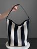 Niche Striped Canvas Bucket Bag for Women Large Capacity Lazy Style Commuting Tote Bag