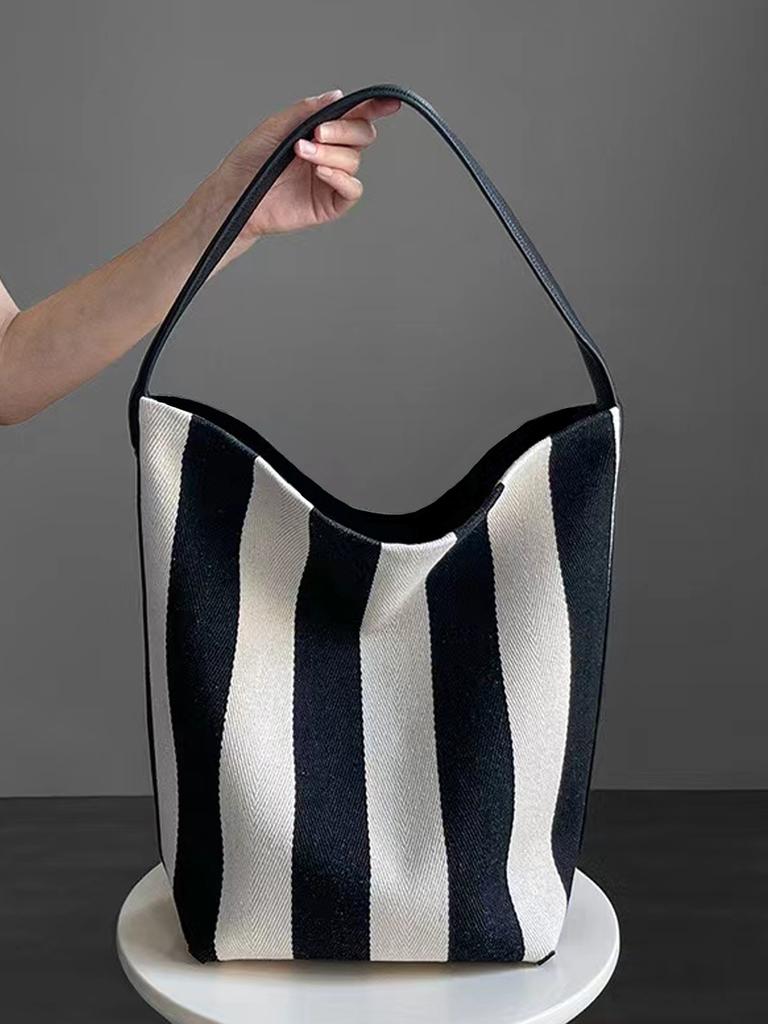 Niche Striped Canvas Bucket Bag for Women Large Capacity Lazy Style Commuting Tote Bag
