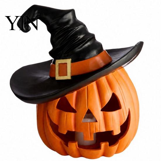 Haunted House Requisiten Halloween Kürbis Ornament mit Hexenhut, Harz Jack O Lantern Dekorative Lampe, Atmosphärische Raumaccessoires Gruseliges Gesicht Figur