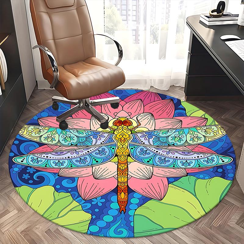 Colorful Dragonfly Office Carpet Chair Mats, Vibrant Lotus Design for Home Decor, Office Carpet Gift, Suitable for Bedroom, Living Room, Various Room