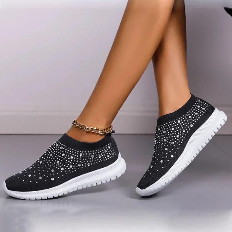 Fashion New Shining Crystal Flats Women Spring Breathable Knit Platform Sneakers Woman Comfortable Soft Bottom Non-slip Sports Shoes