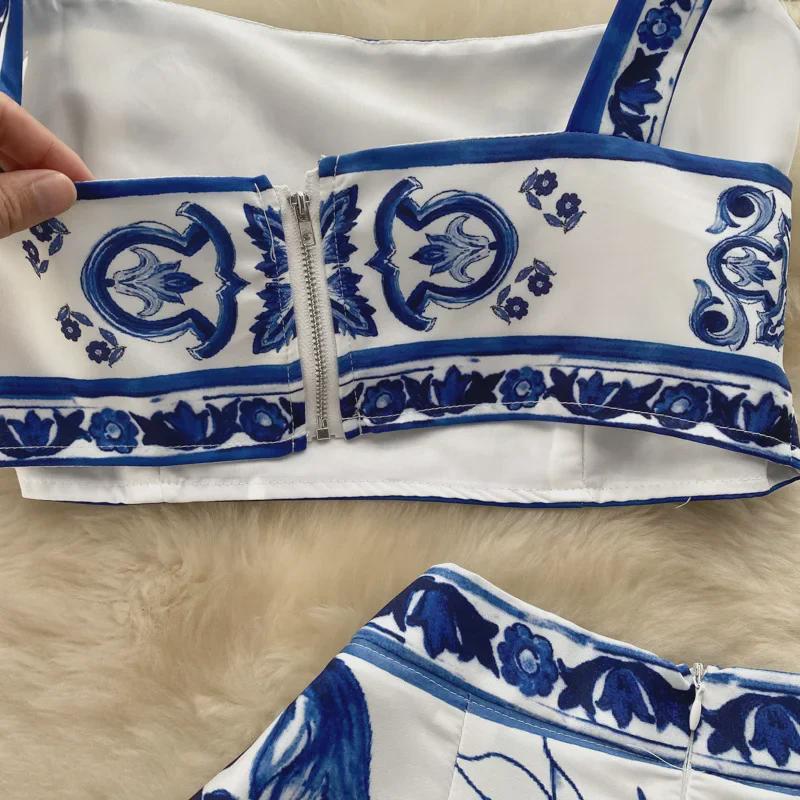 Blue & White Porcelain Print Camisole and High-Waist Midi Skirt Set for Women