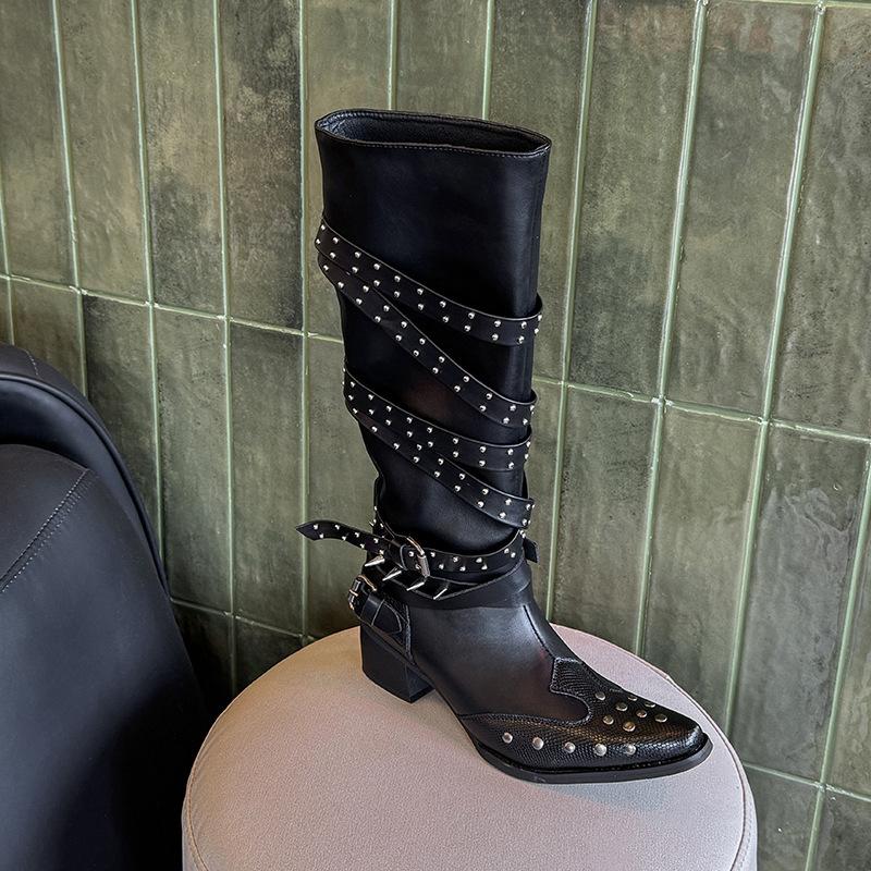 

2025 Супер Огонь Сапоги Детские Модифицированные Ноги Острый Носок Каблук Заклепки Черный Но Колено Рыцарские Сапоги 42 чёрный