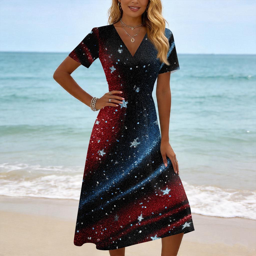 Women's Casual Fashion Independence Day Printed Short-Sleeve V-Neck Dress