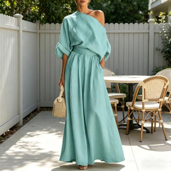 Women's Cotton Linen 2 Piece Sets Casual One Shoulder Half Sleeve Top And Wide Leg Pants Summer Vacation Lounge Outfits